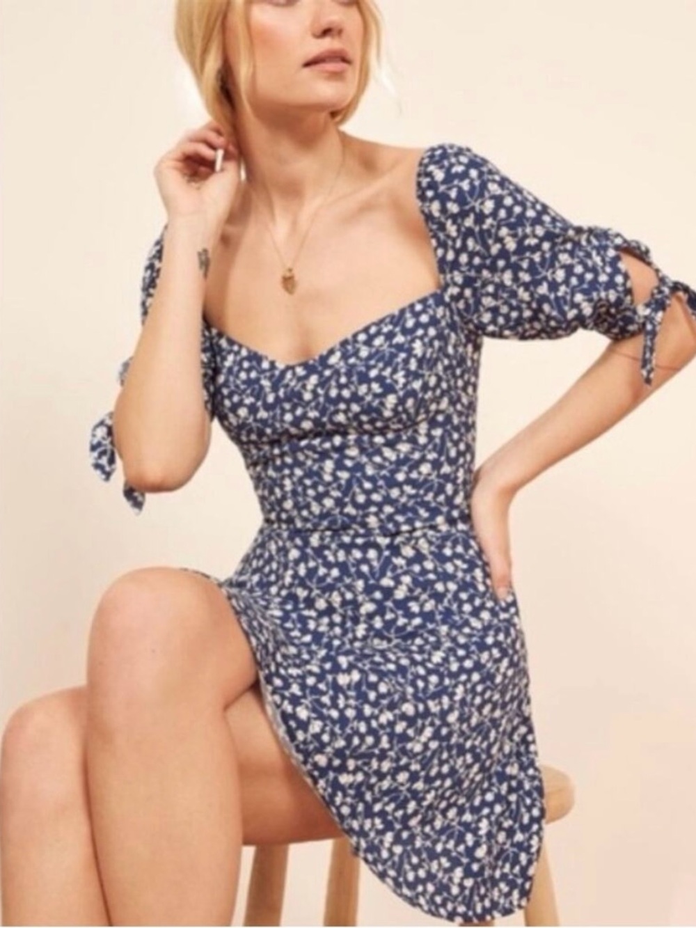 Reformation Quin Blue White Ditsy Floral Sweetheart Tie Puff Sleeve Dress 0